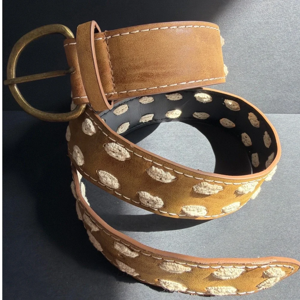 Boho Tan Faux Leather Crochet Polka Dot Wide Belt Brass Buckle Brown Cream